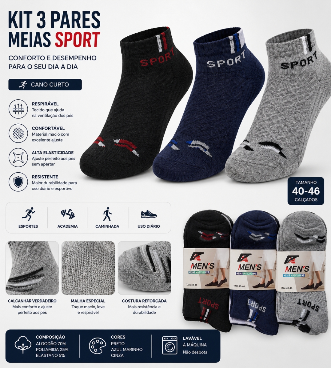 Kit 3 Pares de Meias Esportivas Masculinas Cano Curto