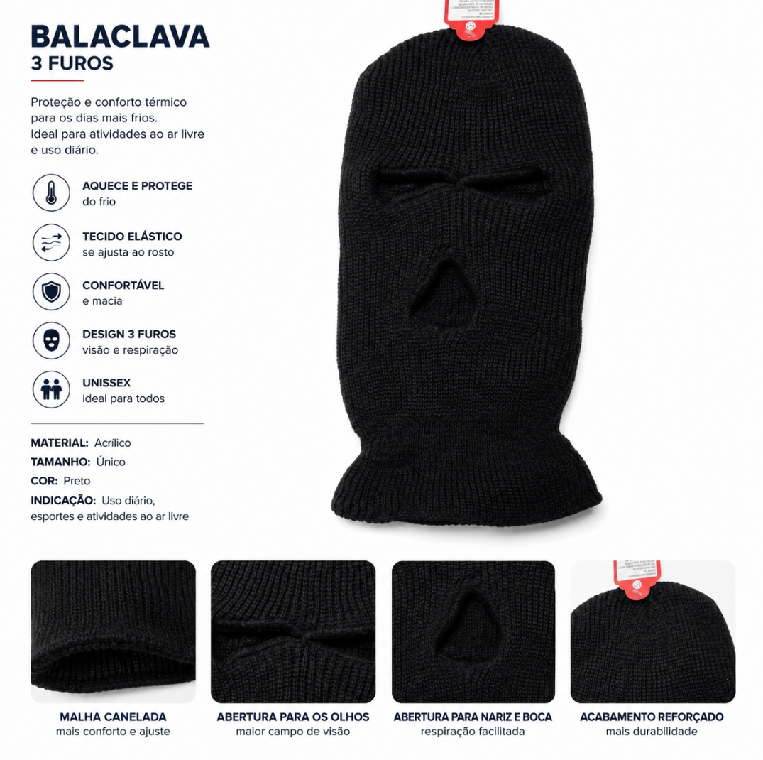 Balaclava Térmica 3 Furos Preta