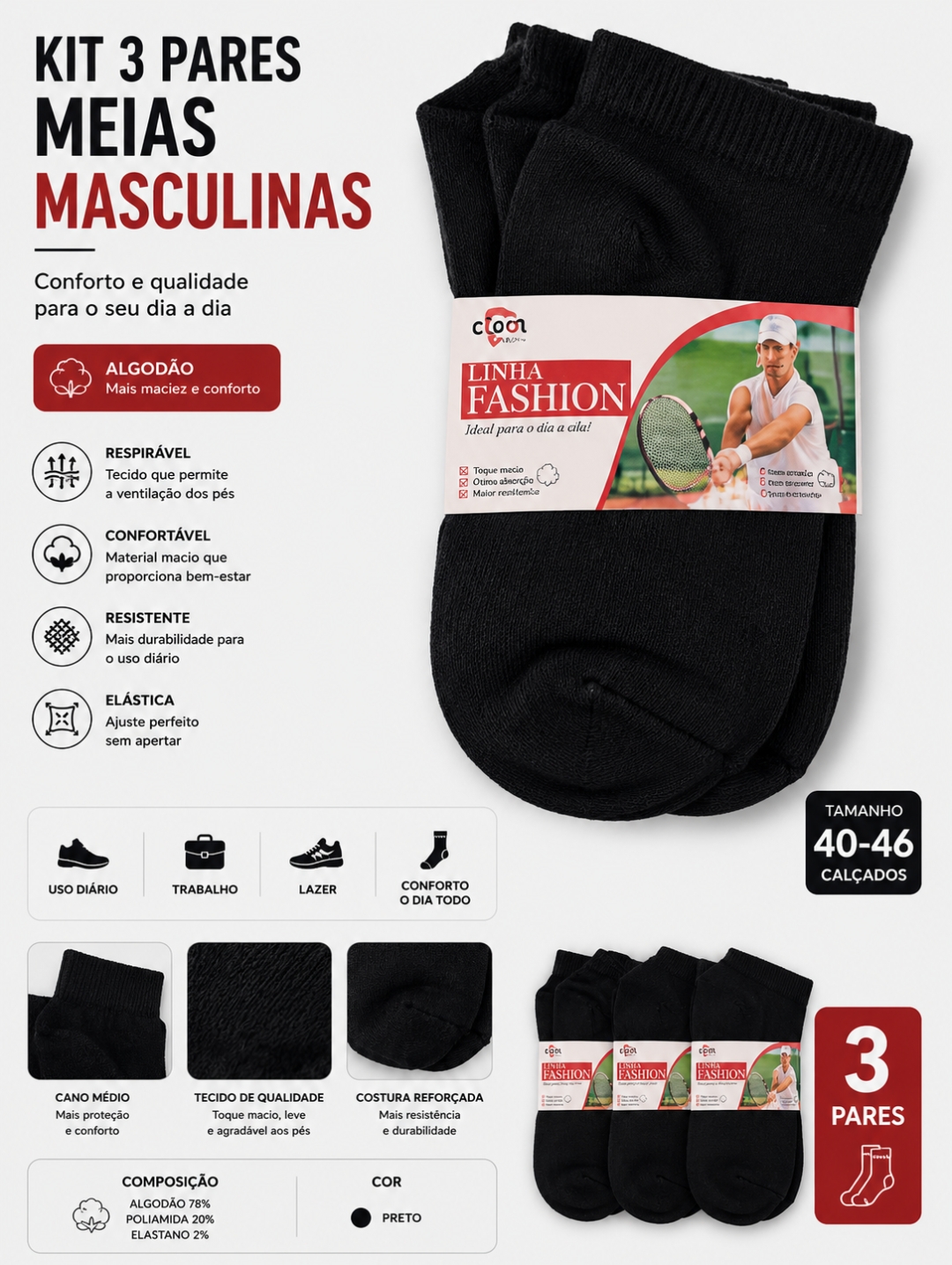 Kit 3 Pares de Meias Masculinas Cano Médio Pretas