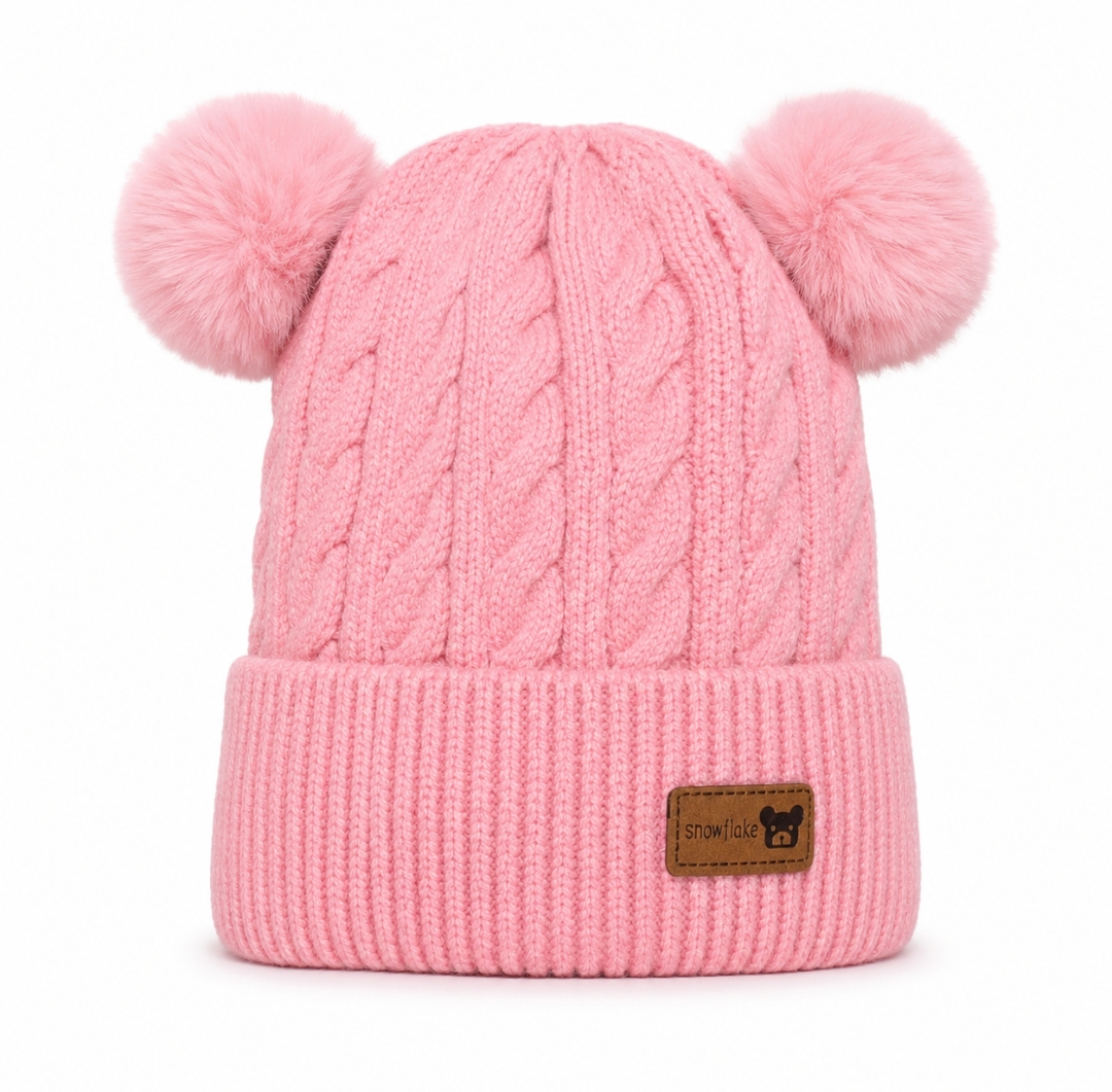 Gorro Infantil de Inverno com Pompom Duplo Rosa