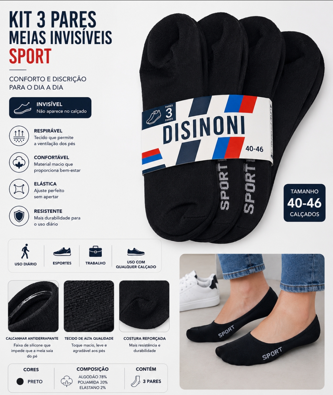 Kit 3 Pares de Meias Invisíveis Sport Masculinas