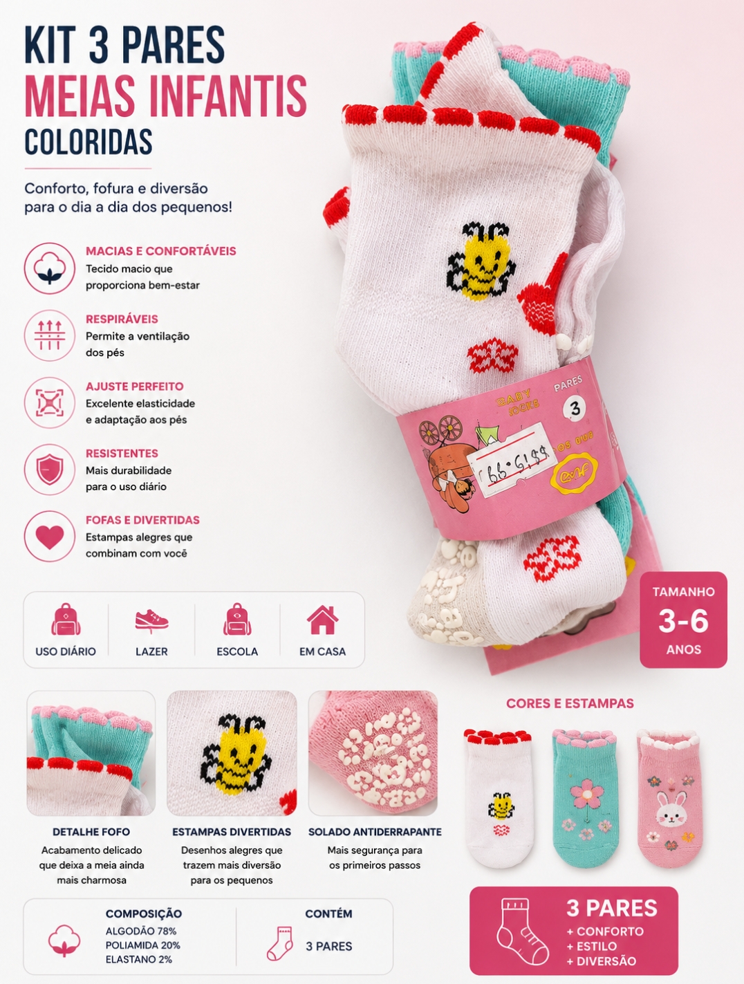 KIT 3 PARES MEIAS INFANTIS COLORIDAS