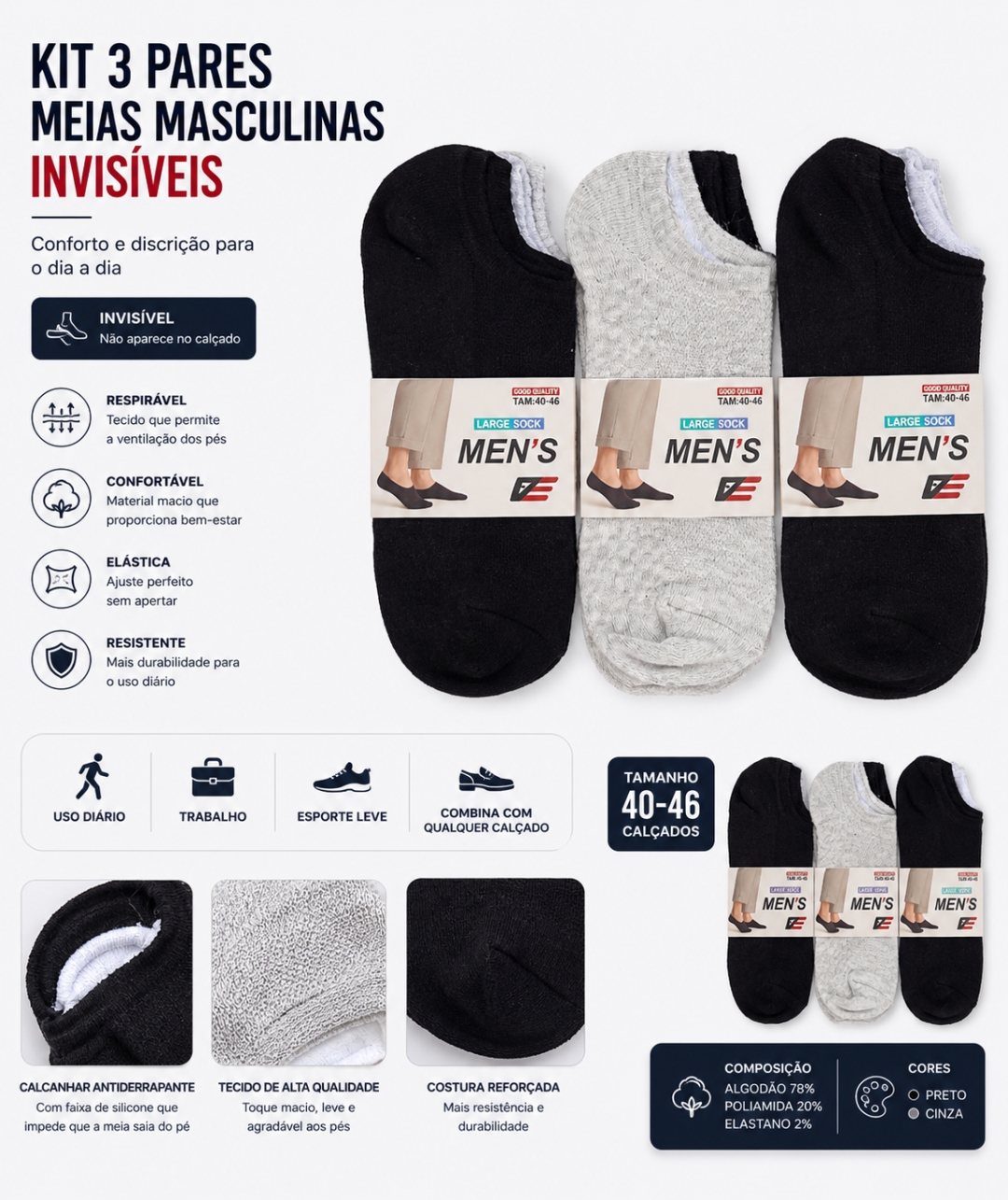 Kit 3 Pares de Meias Invisíveis Masculinas