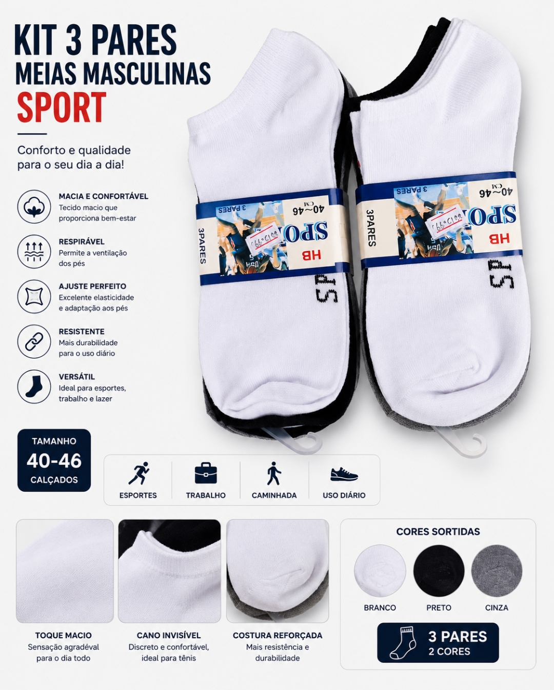 KIT 3 PARES MEIAS MASCULINAS SPORT