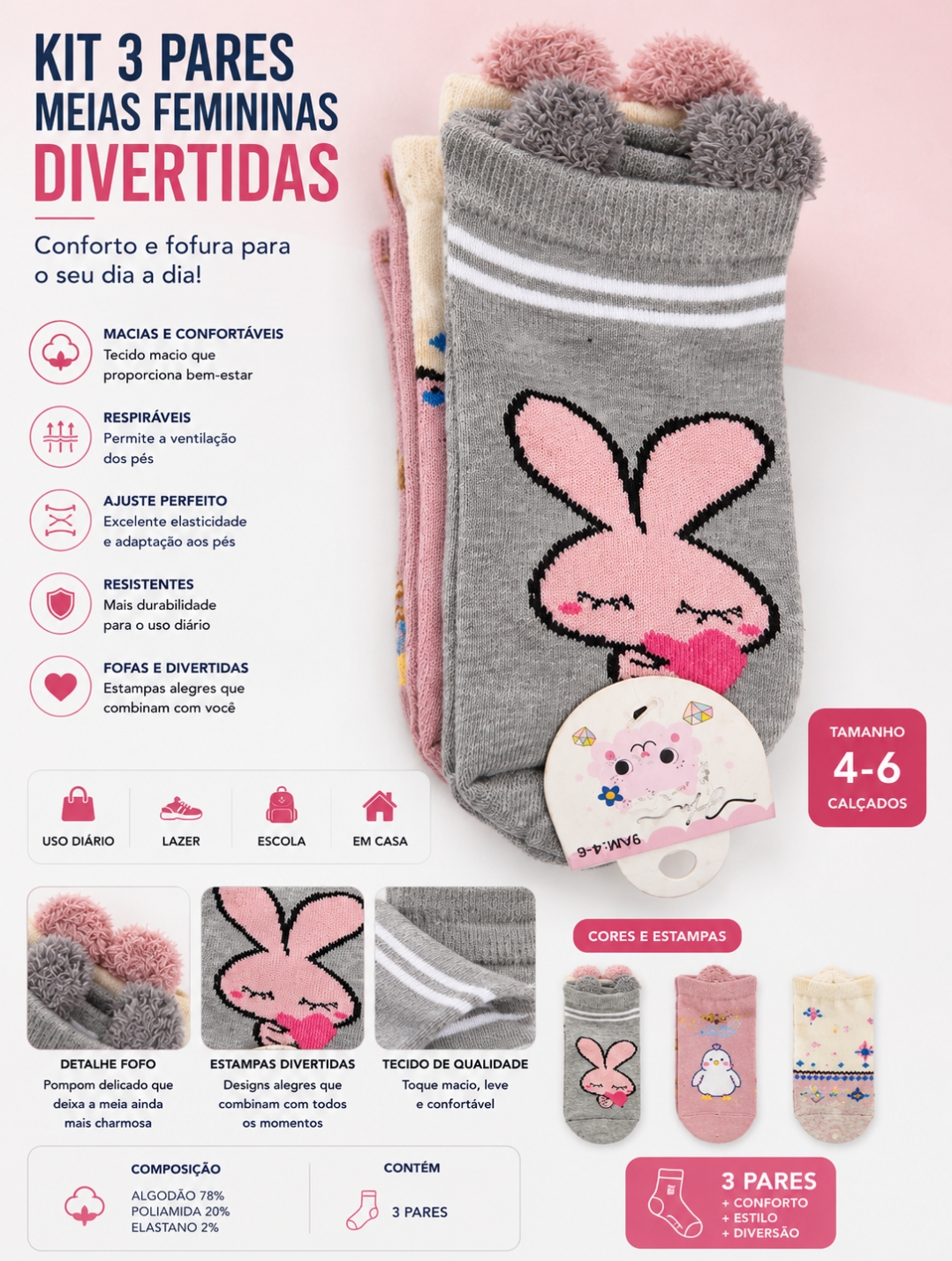 KIT 3 PARES MEIAS FEMININAS DIVERTIDAS